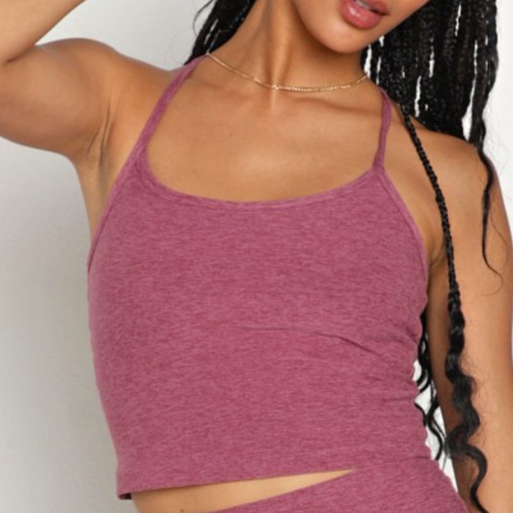 Beyond Yoga Spacedye Slim Racerback Cropped Tank in Pale Plum Heather